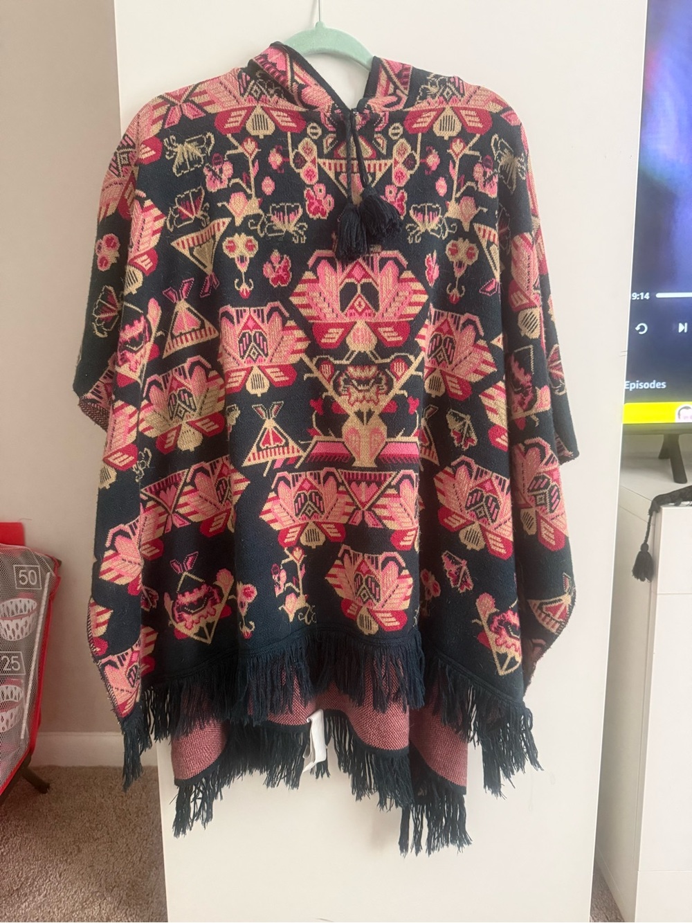 Boho Floral Knit Poncho Cape in Navy and Pink
